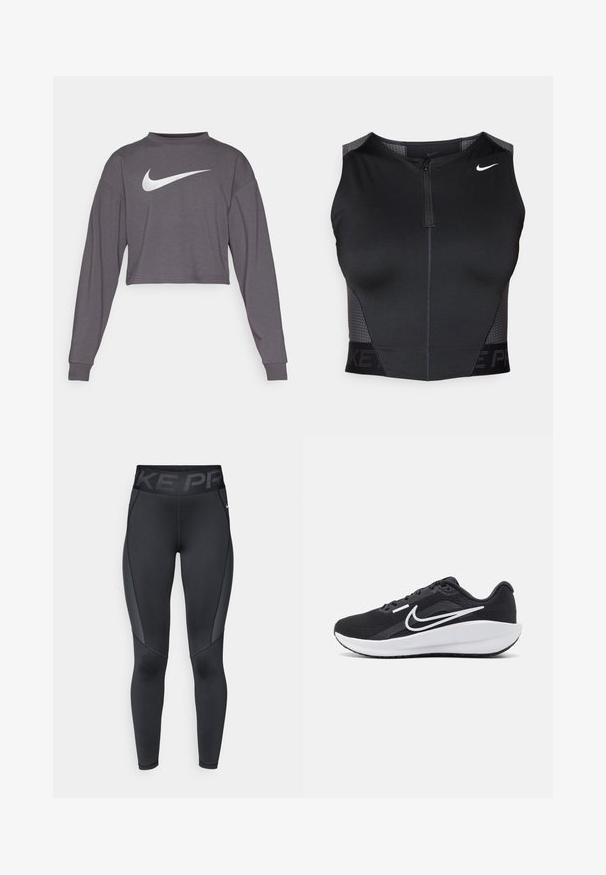 Knapper langærmet sweatshirt i mørkegråt stof med rund hals. Har en fremtrædende hvid Nike-logo på forsiden. Blød tekstur.; Sort atletisk crop top med lynlåslukning, teksturerede skulderpaneler og trykt mærkelogo. Fremstillet af strækbart, åndbart stof.; Sorte atletiske leggings med en tekstureret sidepanel, høj elastisk talje med "NIKE PRO" branding og en tætsiddende pasform.; Sort sportssko med mesh-overdel, hvide detaljer, polstret sål og et strømlinet design. Har en rund tå og flad ydersål.