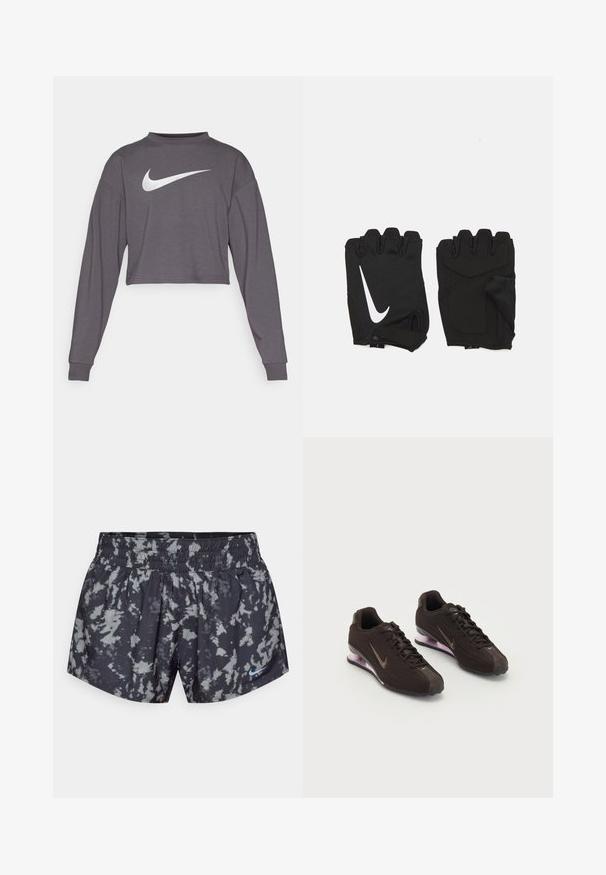 Knapper langærmet sweatshirt i mørkegråt stof med rund hals. Har en fremtrædende hvid Nike-logo på forsiden. Blød tekstur.; Sorte og grå tie-dye træningsshorts med elastisk talje og et lille blåt Nike-logo nederst til højre.; Sorte atletiksko med en tekstureret overdel, brune detaljer og en lilla luftfyldt sål. Snørebåndsdesign med fremtrædende branding.; Sorte fingerløse træningshandsker lavet af åndbart stof, med et hvidt Nike-logo, polstrede håndflader og et åbent håndledsdesign for fleksibilitet.