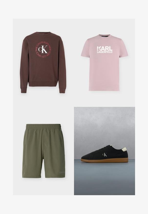 Brauner Sweatshirt mit langen Ärmeln, Rundhalsausschnitt und einem runden weißen und roten Motiv mit der Aufschrift "Calvin Klein New York 1968" und "CK".; Hellrosa Kurzarm-T-Shirt mit weißem "KARL LAGERFELD"-Logo, zentriert auf der Brust.; Olivgrüne Herren-Shorts mit elastischem Bund und dezentem Calvin Klein-Logo am unteren linken Bein, schlichtes Design.; Schwarze Leinensneaker mit einer Gummisohle, featuring einem silbernen "cK"-Logo an der Seite und einem weißen Akzent an der Ferse. Niedrig geschnittenes Design.