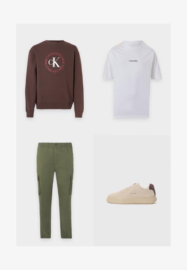 Sweat-shirt marron à manches longues, col rond, avec un graphisme circulaire blanc et rouge affichant « Calvin Klein New York 1968 » et « CK ».; T-shirt blanc à manches courtes avec le logo Calvin Klein au centre de la poitrine et de fines rayures jaunes le long des épaules et des manches.; Pantalons cargo de couleur vert olive, fabriqués à partir d'un tissu léger. Comprend une taille élastique, une fermeture à bouton et des poches latérales zippées.; Baskets en daim beige avec un bout rond, lacets à l'avant et un accent en daim marron sur le talon. Dotées d'une semelle en caoutchouc texturé.