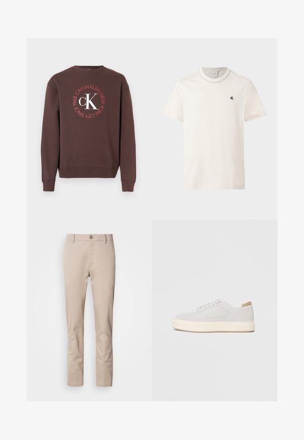 Brun sweatshirt med lange ærmer, rund halsudskæring og en rund hvid og rød grafik med teksten "Calvin Klein New York 1968" og "CK".; Kortærmet off-white Calvin Klein t-shirt med rund hals og lille sort "cK" logo på venstre bryst.; Beige bomulds chinos med lige pasform, bæltestropper, en enkelt frontknap og en glat, utextureret overflade. Ingen lommer er synlige.; Lys grå sneakers med en glat syntetisk overdel, rund tå og en struktureret crème mellemsål. Lysebrune accenter på hælen.