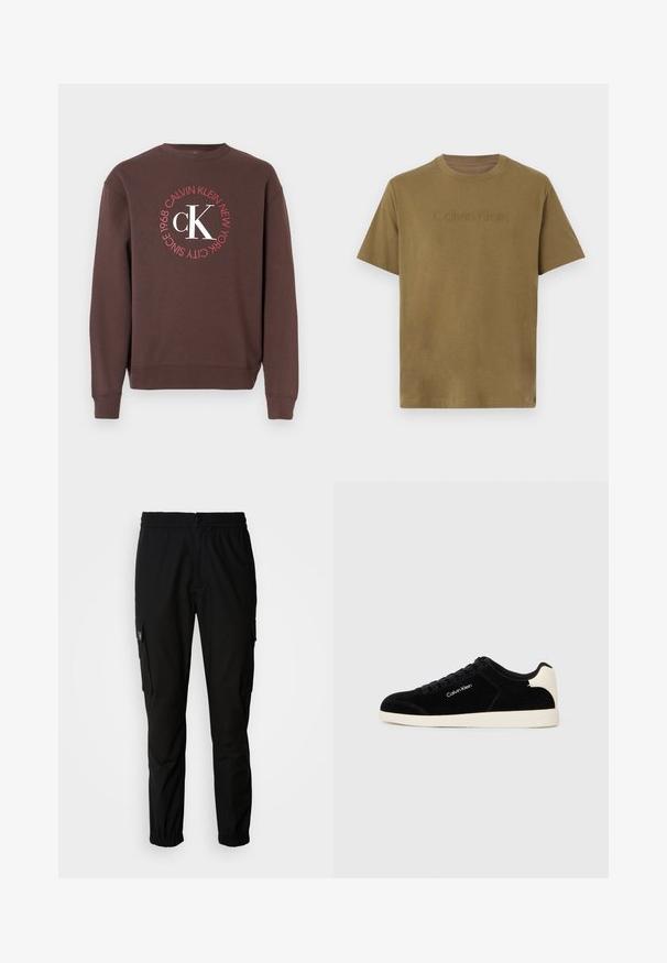 Sudadera marrón de manga larga, con cuello redondo y un gráfico circular en blanco y rojo que incluye "Calvin Klein New York 1968" y "CK".; Camiseta de algodón de manga corta en verde oliva con el logo en relieve "Calvin Klein" en el pecho, cuello redondo y ajuste holgado.; Pantalones cargo negros de tela, con cintura elástica, cierre de botón y múltiples bolsillos laterales con solapas.; Zapatilla de ante negra con suela de goma blanca. Presenta puntera redonda, diseño con cordones y detalle del logo en el lateral.