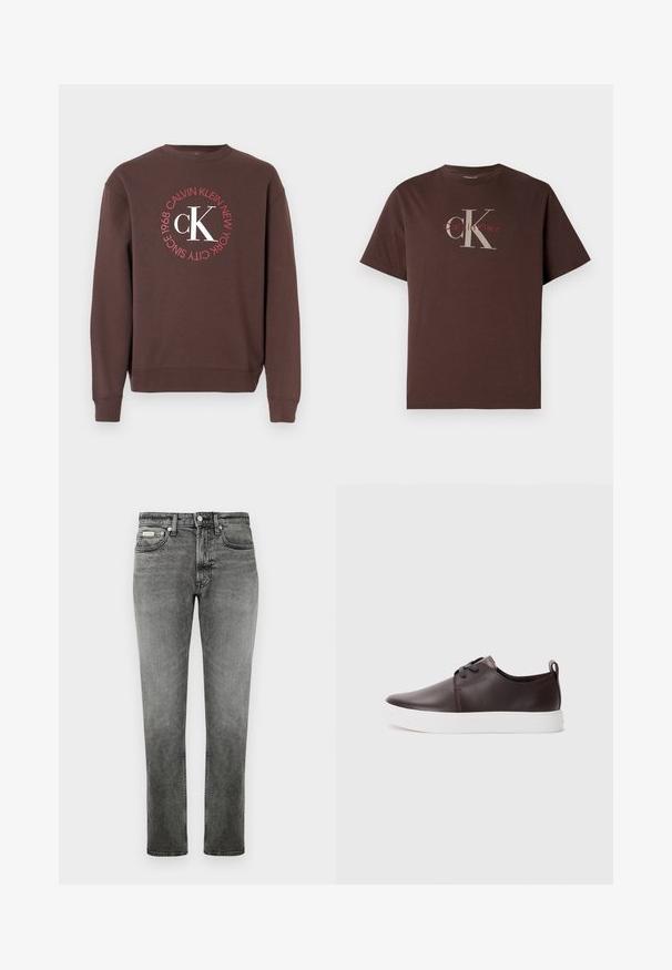 Brauner Sweatshirt mit langen Ärmeln, Rundhalsausschnitt und einem runden weißen und roten Motiv mit der Aufschrift "Calvin Klein New York 1968" und "CK".; Braunes Baumwoll-T-Shirt mit kurzen Ärmeln, versehen mit einem großen grauen "CK"-Logo und kleinem roten "Calvin Klein"-Schriftzug. Schlichtes, locker geschnittenes Design.; Graue gerade geschnittene Jeans aus Denim mit Vordertaschen, Gürtelschlaufen, Knopfverschluss und dezenten Ausbleichungen.; Braune Leder-Sneaker mit glatter Oberfläche, weißer Gummisohle, abgerundeter Zehenpartie und Schnürverschluss. Mit einer Schlaufe am Absatz.