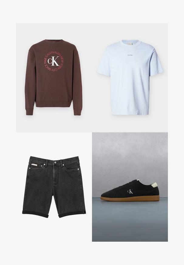 Brauner Sweatshirt mit langen Ärmeln, Rundhalsausschnitt und einem runden weißen und roten Motiv mit der Aufschrift "Calvin Klein New York 1968" und "CK".; Hellblaues Baumwoll-T-Shirt mit rundem Ausschnitt und kurzen Ärmeln, versehen mit einem kleinen schwarzen "Calvin Klein"-Logo auf der Brust.; Schwarze Denim-Shorts mit umgeschlagenen Säumen, vorderer Knopf- und Reißverschluss, Gürtelschlaufen und Vordertaschen auf einfarbigem Hintergrund.; Schwarze Leinensneaker mit einer Gummisohle, featuring einem silbernen "cK"-Logo an der Seite und einem weißen Akzent an der Ferse. Niedrig geschnittenes Design.