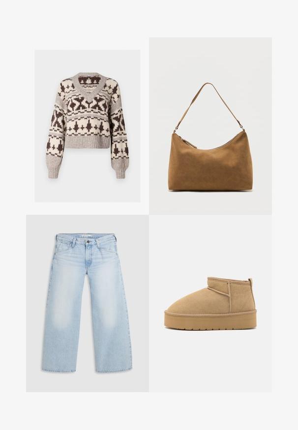 Ζακέτα cropped σε απαλό μπεζ και καφέ, με V-neck, γεωμετρικό σχέδιο και ραμμένες μανσέτες και στρίφωμα. Κατασκευασμένη από μαλακό, υφασμένο ύφασμα.; Ανοιχτού μπλε φαρδιά τζιν παντελόνια κατασκευασμένα από τζην ύφασμα. Διαθέτουν ίσια κοπή, πέντε τσέπες και κλείσιμο με κουμπί στη μέση.; Μπέζ σουέτ μποτάκια μέχρι τον αστράγαλο με στρογγυλή μύτη, ελάχιστες ραφές και ελαφριά καφέ ελαστική σόλα με υφή.; Καφέ σουέντ τσάντα ώμου με έναν ιμάντα και κλείσιμο με φερμουάρ στην κορυφή, παρουσιάζεται μπροστά σε απλό λευκό φόντο.