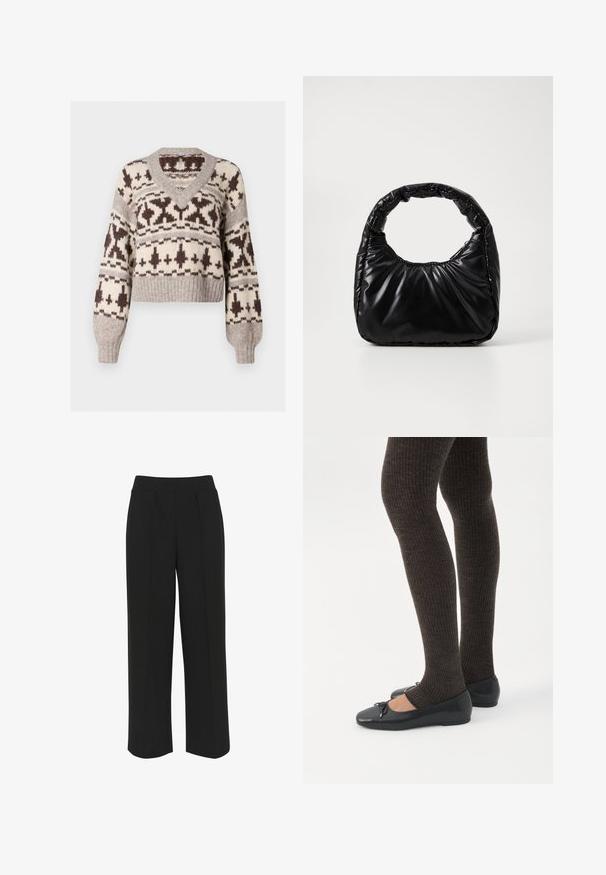 Pull court en V, beige et marron, présentant un motif géométrique et des poignets et un ourlet côtelés. Fabriqué à partir d'un tissu doux et texturé.; Pantalons larges noirs avec une taille plate, comportant des plis à l'avant et une texture lisse. Pas de poches ni de matériel visible.; Jambes portant des leggings côtelés foncés associés à des ballerines noires avec de petits détails en nœud sur fond blanc.; Sac à main noir rembourré avec une poignée arrondie, présentant une surface lisse et brillante ainsi qu'une texture douce et matelassée. Pas de quincaillerie ou d'accents visibles.