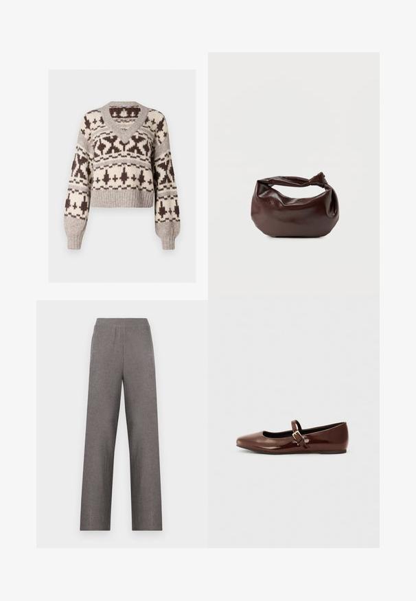Beige és barna színű, V nyakú, cropped pulóver, geometrikus mintával és bordázott mandzsettákkal valamint aljúval. Puha, texturált anyagból készült.; Szürke, bő szárú nadrág, texturált anyagból és gumis derekkal. A design egyszerű, egyenes vonalvezetésű, zsebek nélkül.; Barna lakkbőr balerina cipő, négyzetes orral és kis arany csattal ellátott pánttal. Simább textúra, alacsony sarok és minimalista dizájn.; Sötétbarna bőrből készült válltáska, puha, lágy formájú, csavart csomós fogantyúval, egyszerű fehér háttér előtt.
