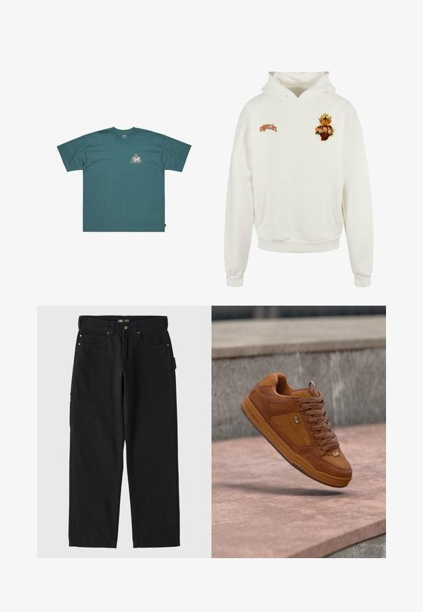 Hvid hættetrøje lavet af blødt stof, der har en frontlomme, ribbede manchetter og en broderet grafik af et hjerte med blomster og flammer.; Teal bomulds T-shirt med korte ærmer og løs pasform. Har en trekantet grafik med farverigt design og mærkenavn på brystet.; Sorte bomuldsbukser med lige ben-design, der har to forlommer, en baglomme og guldfarvede hardware-accenter.; Brun ruskindsneaker med matchende snørebånd, luftpolstret sål og lille logo på siden, svævende over en betonoverflade.