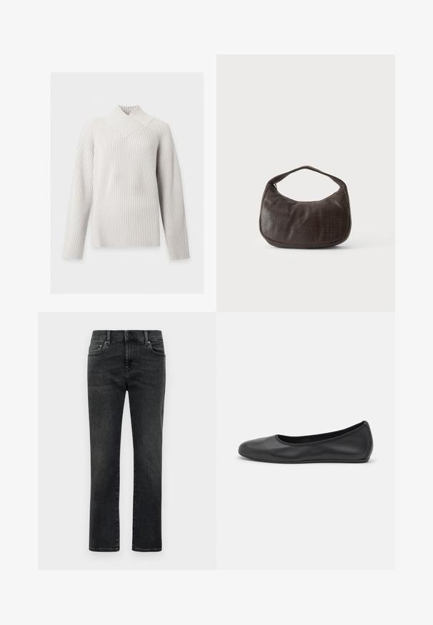 Wit geribbeld gebreid truitje met lange mouwen, een gekruiste hoge hals en een aansluitend silhouet op een effen achtergrond.; Rechtdoorgaande zwarte vervaagde jeans voor mannen met een knoopsluiting aan de voorkant en vijf zakken op een eenvoudige witte achtergrond.; Zwarte leren ballerina met een ronde neus, gladde textuur, minimale stikdetails en een flexibele zoolontwerp.; Kleine donkerbruine gestructureerde handtas met korte band en afgeronde onderkant op een effen lichte achtergrond.