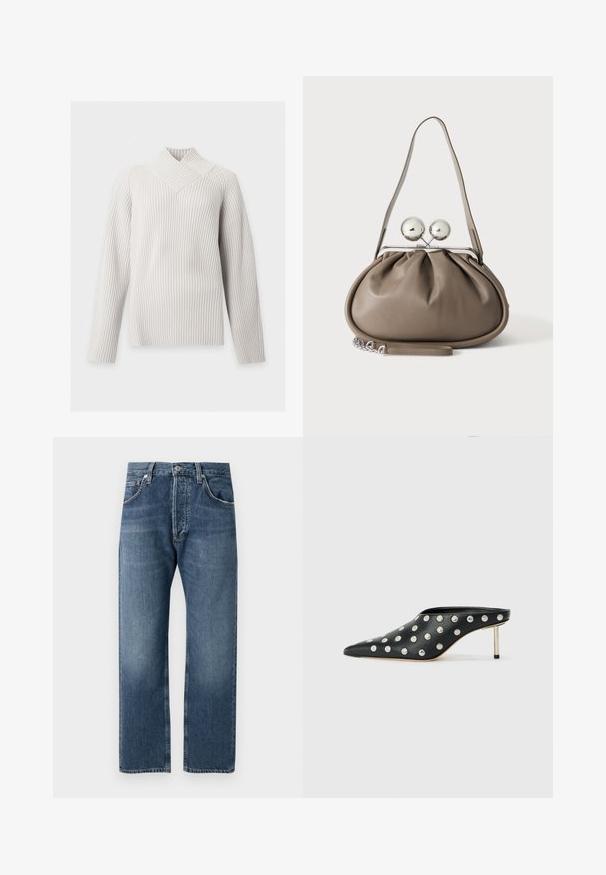 Weißer, langärmeliger, gerippter Strickpullover mit überkreuztem hohem Kragen und figurbetonter Silhouette auf schlichtem Hintergrund.; Blaue gerade geschnittene Jeans aus Denim mit klassischem Fünf-Taschen-Design und Knopfverschluss, vor einem weißen Hintergrund präsentiert.; STAND STUDIO KELSEY - Pantolette hoch - black; Graue Lederhandtasche mit abgerundeter Form, oberem Verschluss mit zwei großen silbernen Kugeln und einem einzelnen Trageriemen.