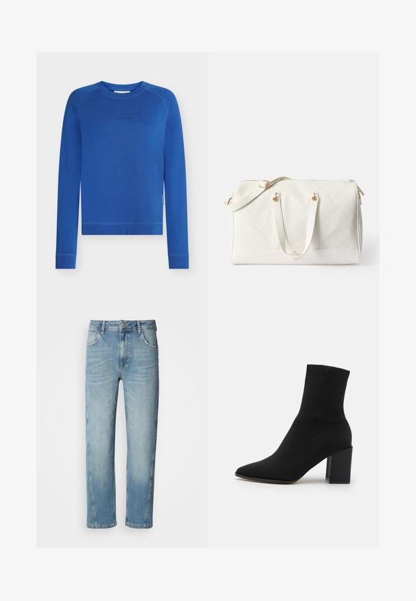 Blå sweatshirt med lange ærmer, rund hals, ribbede manchetter og kant, med et diskret logo på brystet. Glat bomuldstekstur.; Lyseblå denim jeans med lige pasform, fem lommer, bæltestropper og en enkelt knaplukning. Falmet front og glat overflade.; Sort ankelstøvle lavet af strækstof, med spids tå og firkantet blokhæl, og med ribbet kant øverst.; Hvid håndtaske med guldfarvet hardware, lavet af mønstret syntetisk materiale. Har to håndtag og en aftagelig skulderrem.