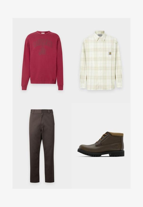 Bordová mikina s dlhými rukávmi a okrúhlym výstrihom. Na hrudi má tónované logo "Carhartt". Vyrobená z mäkkého bavlneného materiálu.; Svetlosfarbená kockovaná košeľa s dlhými rukávmi, zapínaním na gombíky a náprsné vrecko s logom. Vyrobená z bavlny s jemnou textúrou.; Hnedé bavlnené chino nohavice s priamym strihom nohavíc, prednými vreckami, očkami na opasok a hladkou textúrou. Bez viditeľných vzorov alebo ozdôb.; Hnedé kožené členkové topánky s textúrovaným povrchom, s béžovým látkovým golierom, čiernou gumovou podrážkou a hnedými šnúrkami. Logo Timberland je embosované na boku.