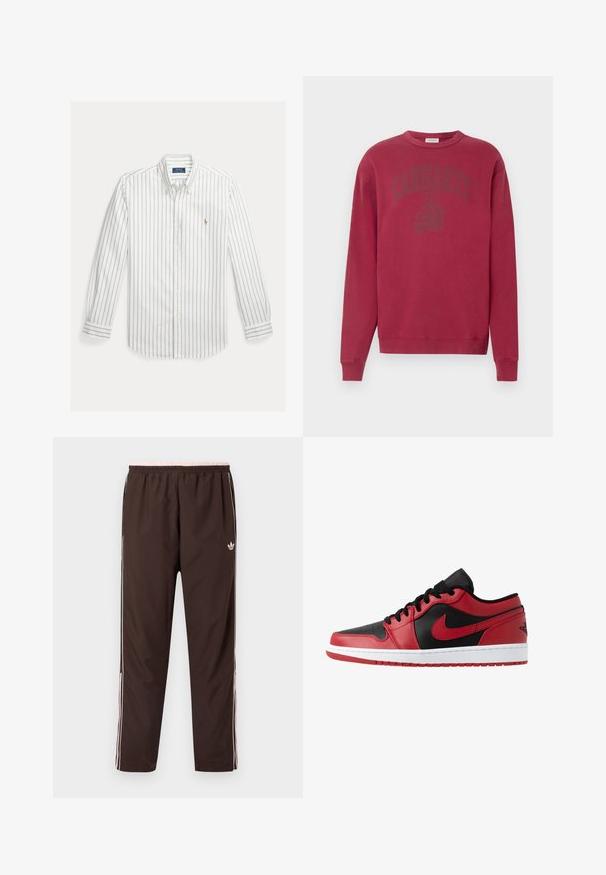 Bordeauxrode sweatshirt met lange mouwen en een ronde halslijn. Heeft een tonale "Carhartt"-logo over de borst. Gemaakt van zacht katoenmateriaal.; Wit overhemd met lange mouwen met dunne verticale blauwe strepen en een klein geborduurd logo op de linkerborst.; Bruine trainingsbroek met een elastische tailleband, voorzien van roze accenten en witte zijstrepen. Gemaakt van glad, lichtgewicht stof.; Jordan AIR JORDAN 1 - Sneakers laag - gym red/black/white