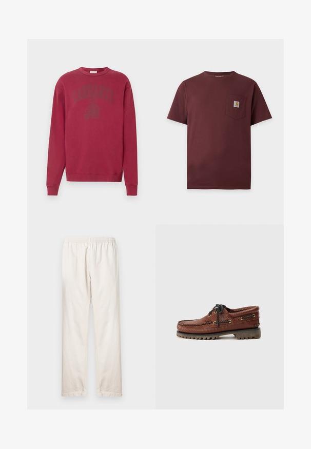 Sweat-shirt bordeaux à manches longues avec un col rond. Présente un logo "Carhartt" ton sur ton sur la poitrine. Fabriqué en coton doux.; T-shirt marron foncé à manches courtes avec une poche poitrine présentant un petit patch logo Carhartt.; Pantalon beige clair avec une taille élastique, coupe droite, et une texture lisse en coton. Style simple, sans ornement.; Bateau en cuir marron avec une tige texturée, fermeture lacée noire et œillets dorés. Dispose d'une semelle en caoutchouc durcie et striée.