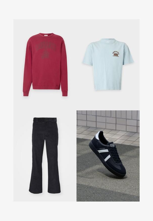 Maroonfarbener Pullover mit langen Ärmeln und rundem Ausschnitt. Mit einem Ton-in-Ton "Carhartt"-Logo auf der Brust. Hergestellt aus weichem Baumwollmaterial.; Hellblaues T-Shirt mit kurzen Ärmeln und braunem "American Style GAP New York Athletic Sports"-Logo auf der oberen linken Brust. Keine Hintergrundobjekte.; Schwarze Cordhosen mit lockerer Passform, klassischem Bund und weit geschnittenen Beinen, weicher Textur und ohne sichtbare Muster oder Akzente.; Schwarze Leder-Sneaker mit weißen Streifen, strukturiertem Gummisohle und Schnürung. Verfügt über ein Markenetikett auf der Zunge.