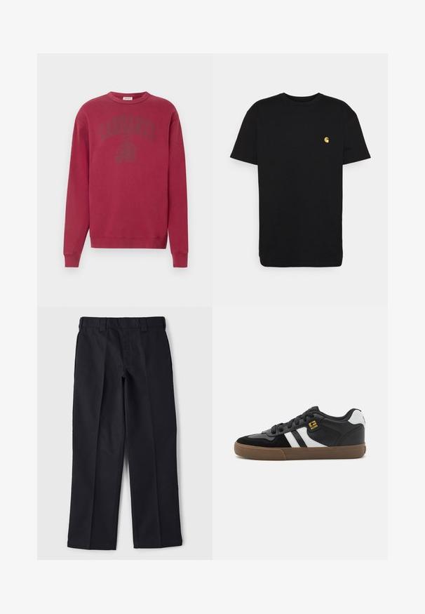 Maroonfarbener Pullover mit langen Ärmeln und rundem Ausschnitt. Mit einem Ton-in-Ton "Carhartt"-Logo auf der Brust. Hergestellt aus weichem Baumwollmaterial.; Schwarzes Baumwoll-T-Shirt mit kurzen Ärmeln, Rundhalsausschnitt und einem kleinen gelben Logo im linken Brustbereich. Einfaches Design und normale Passform.; Schwarze Hose aus strapazierfähigem Stoff, mit geradem Schnitt, Bund mit Gürtelschlaufen und ohne sichtbare Taschen oder Verzierungen.; Schwarz-weiße Sneakers mit einem Obermaterial aus Wildleder und Leder, ausgestattet mit weißen Streifen, schwarzen Schnürsenkeln und einer braunen Gummisohle. Mit goldenen Logo-Akzenten.