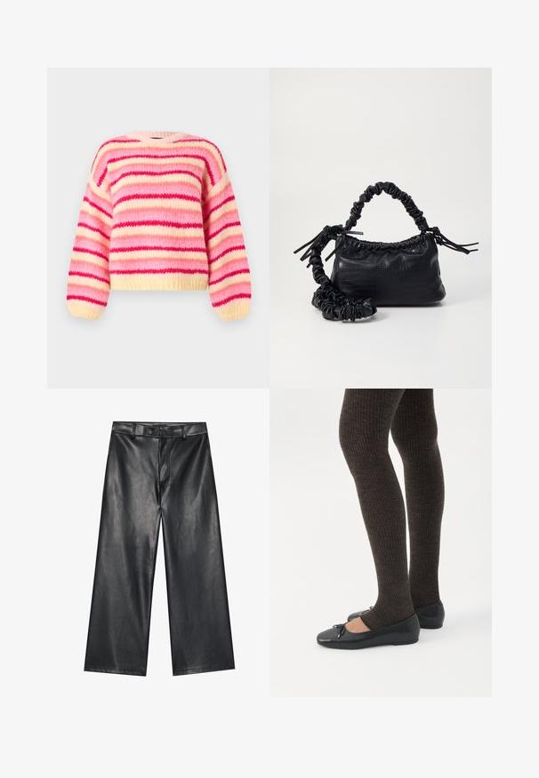 Jersey de punto grueso con rayas horizontales en rosa, rojo y crema, con escote redondo y mangas largas abullonadas.; Pantalones de cuero negro de pernera ancha con una textura suave, lazos para cinturón y cremallera frontal. Presenta un ajuste holgado y detalles de costura limpios.; Piernas con leggings oscuros acanalados combinados con bailarinas negras que presentan pequeños detalles de lazo sobre un fondo blanco.; Bolso de mano de imitación cuero negro con textura de cocodrilo, parte superior fruncida y correa arrugada. Presenta un diseño suave y compacto.
