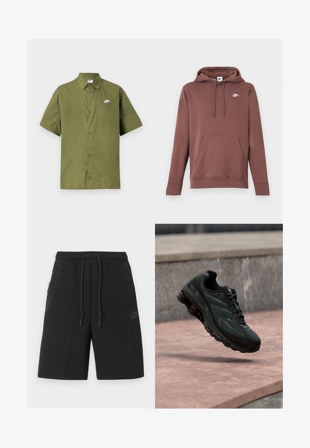 Sudadera con capucha marrón con bolsillo frontal, capucha con cordón y logo blanco de Nike en el pecho. Hecha de tela texturizada con puños acanalados.; Camisa de manga corta de color verde oliva, hecha de tejido ligero, con botones al frente y un pequeño logotipo blanco de Nike en el lado izquierdo del pecho.; Pantalones cortos deportivos negros de Nike con cintura elástica, cordón ajustable, bolsillos laterales y un logo sutil en el muslo izquierdo.; Zapatilla deportiva negra con entresuela visible con amortiguación de aire que flota sobre una superficie de piedra rosa con un fondo de pared de piedra gris.