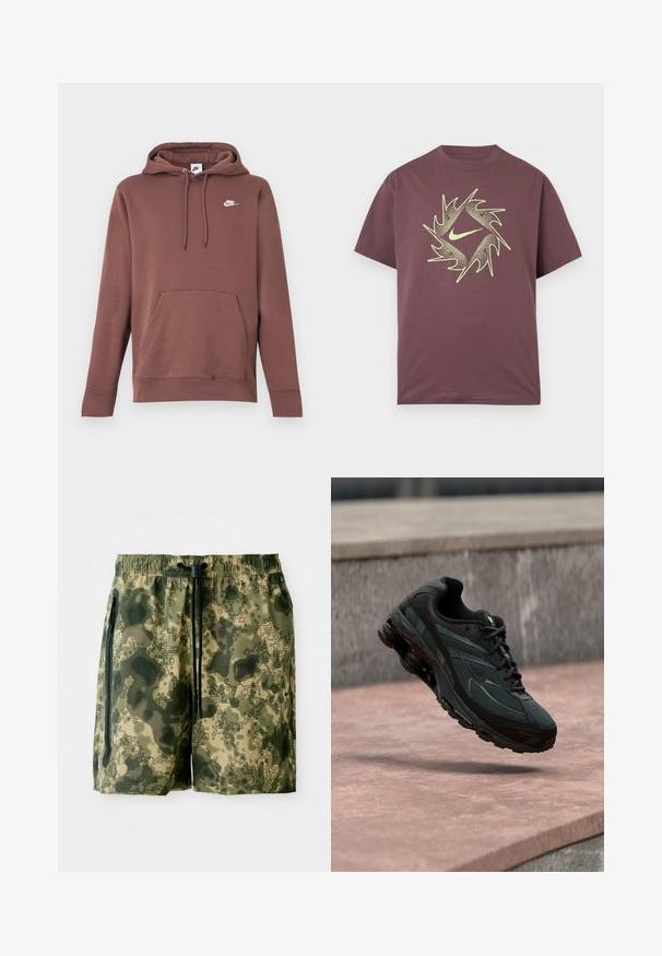 Bruine hoodie met een voorzak, capuchon met trekkoord en een wit Nike-logo op de borst. Gemaakt van gestructureerde stof met geribbelde manchetten.; Korte mouw bordeauxrood T-shirt met een neongeel abstract spikkelvormig cirkeldesign en een centraal swoosh-logo op de borst.; Camouflage zwembroek in groene tinten, gemaakt van lichtgewicht stof, met een elastische tailleband, een trekkoord en zijzakken.; Zwarte atletische sneaker met zichtbare luchtgeveerde tussenzool die boven een roze stenen oppervlak zweeft met een grijze stenen muur op de achtergrond.