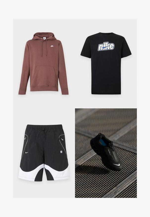 Sudadera con capucha marrón con bolsillo frontal, capucha con cordón y logo blanco de Nike en el pecho. Hecha de tela texturizada con puños acanalados.; Camiseta negra de manga corta con un gran logo de Nike en blanco y azul centrado en el pecho.; Pantalones cortos deportivos Nike en blanco y negro con cintura elástica, cordón ajustable, bolsillos laterales con cremallera y detalles reflectantes en los paneles frontales.; Zapatilla Nike Air Max negra con un diseño elegante, cierre de cremallera, parte superior texturizada y un logotipo blanco prominente en el lateral, ubicada sobre un fondo de rejilla.