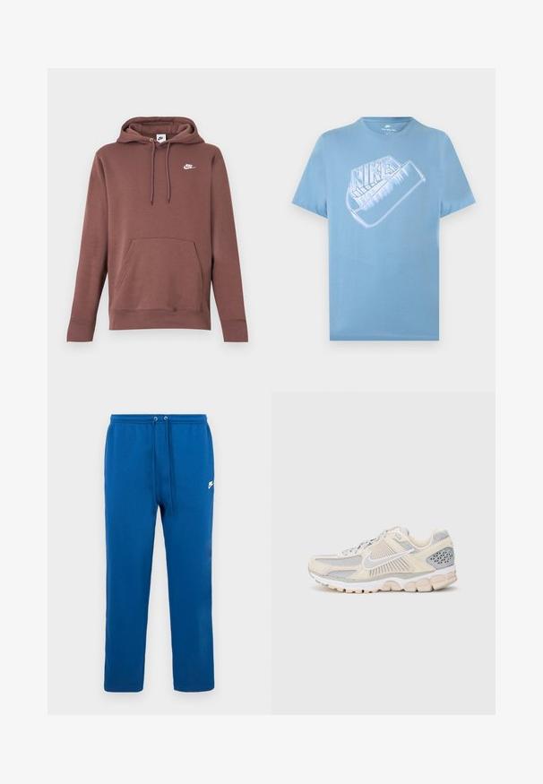 Hnedá mikina s kapucňou, predným vreckom, šnúrkou na kapucni a bielym logom Nike na hrudi. Vyrobená z textúrovaného materiálu s rebrovanými manžetami.; Svetlomodré krátke tričko s krátkym rukávom značky Nike s veľkým štýlovo spracovaným bielym logom Nike a grafikou swoosh na hrudi.; Modré bavlnené tepláky s elastickým pásom a šnúrkou, s bielym značkovým logom na boku. Rovný strih nohavíc, bez vzorov.; Ľahká bežecká obuv s béžovým a šedým sieťovaným zvrškom, štruktúrovanými prekrytiami, bielym logom a polstrovanou podrážkou. Ozdobená priedušnými panelmi.