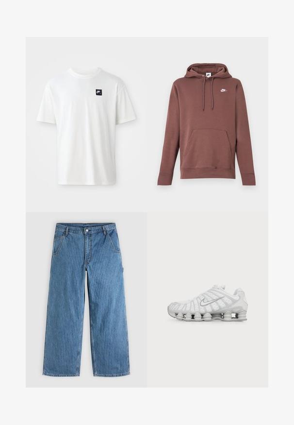 Brauner Hoodie mit einer Fronttasche, verstellbarer Kapuze und einem weißen Nike-Logo auf der Brust. Hergestellt aus strukturiertem Stoff mit gerippten Bündchen.; Weißes Baumwoll-T-Shirt mit kurzen Ärmeln und Rundhalsausschnitt; zeigt ein kleines schwarzes rechteckiges Nike Air-Logo auf der linken Brust.; Blaue Jeans mit weitem Bein und dünnen weißen vertikalen Nadelstreifen, Vordertaschen, Gürtelschlaufen und einem Knopfverschluss in der Taille.; Weißer Nike Laufschuh mit sichtbarer luftgepolsterter Sohle und silbernem Swoosh-Logo an der Seite, von der Außenseite gezeigt.