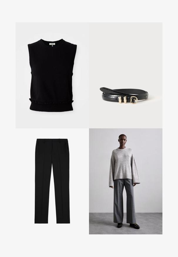 Sort ærmeløs sweater lavet af blødt strikkemateriale. Har rundt halsudskæring og samlet bundkant med ribkant. Enkel, moderne design.; Sorte skræddersyede bukser med en glat tekstur, der har en flad front, to sidelommer og et klassisk lige ben-design.; Grå strikket sweater med brede ærmer og ribbet kant, parret med høj-taljede grå bukser med et subtilt ternet mønster og sorte loafers.; Sort smalt læderbælte med krokodillemønster, guldspænde og to guld bæltestropper, rullet sammen på en lys baggrund.