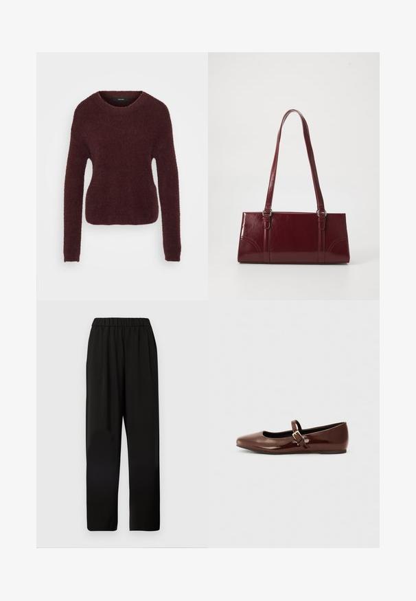 Pull en bordeaux texturé avec un col rond et des manches longues. Matière douce et pelucheuse avec une silhouette légèrement cintrée. Pas de matériel visible.; Pantalons larges noirs avec une taille élastique, fabriqués en tissu doux, présentant une coupe décontractée et une forme droite.; Ballerine en cuir verni marron avec un bout carré et une lanière ornée d'une petite boucle dorée. Texture lisse, talon bas et design minimaliste.; Sac à main bordeaux en matériau brillant, de forme rectangulaire, avec deux anses et des accents légèrement courbés à l'avant.