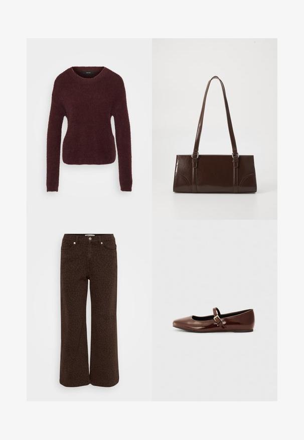 Bordeauxfarbener strukturierter Pullover mit Rundhals und langen Ärmeln. Weiches, flauschiges Material mit einer leicht taillierten Silhouette. Keine sichtbaren Beschläge.; Braune weite Jeans mit einem dezenten Leopardenmuster. Aus Denim gefertigt, mit einem Fünf-Taschen-Design und einer Metallknopfverschluss.; Braune Lackleder-Ballerinas mit quadratischer Zehenform und Riemen mit einer kleinen goldenen Schnalle. Glatte Textur, niedriger Absatz und minimalistisches Design.; Braune Lackleder-Handtasche in rechteckiger Form, mit zwei langen Griffen und subtilen, geschwungenen Akzenten auf der Vorderseite.