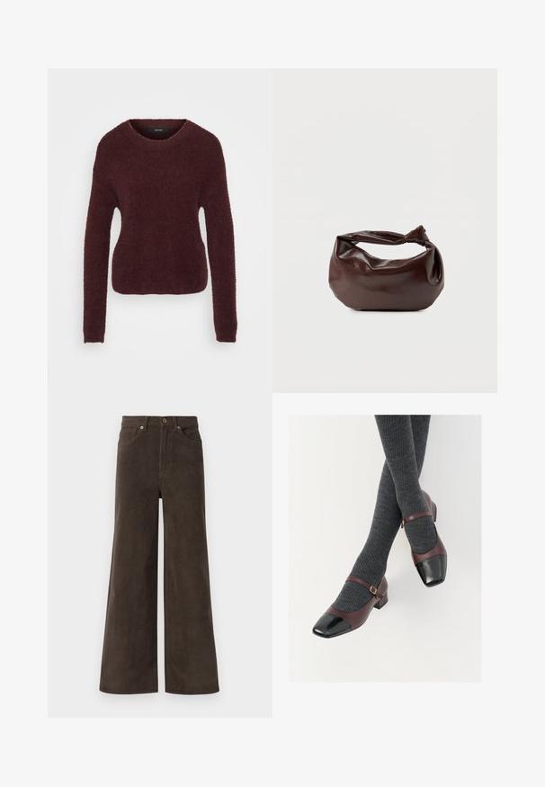 Bordeauxfarbener strukturierter Pullover mit Rundhals und langen Ärmeln. Weiches, flauschiges Material mit einer leicht taillierten Silhouette. Keine sichtbaren Beschläge.; Dunkelbraune weite Cordhosen mit Fronttaschen, Gürtelschlaufen und einem Knopfverschluss am Bund.; Burgunderfarbene Leder-Mary-Jane-Schuhe mit einer schwarzen Lack-Zehenkappe und dünnem Knöchelriemen; getragen mit dunkelgrauen gerippten Socken. Niedriger Blockabsatz.; Dunkelbraune Lederschultertasche mit weicher, lockerer Form und einem gedrehten Knotengriff vor schlichtem weißem Hintergrund.