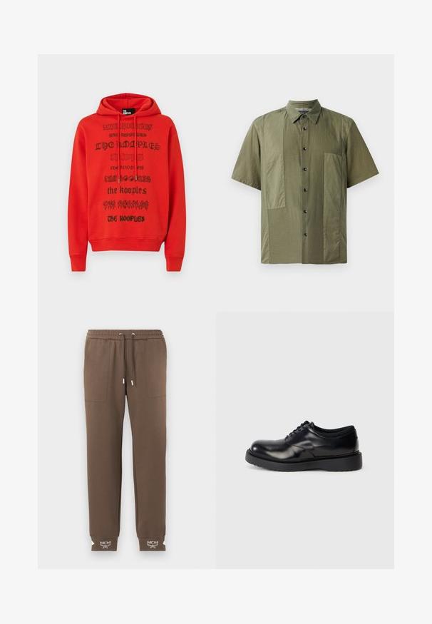 Sweat à capuche rouge avec du texte imprimé noir utilisant des polices variées. Le matériau semble doux, avec une poche kangourou et une capuche ajustable par un cordon.; Chemise à manches courtes vert olive avec un col boutonné, en tissu texturé, et grandes poches plaquées à l'avant. Boutons noirs le long de la patte de boutonnage.; Pantalons de survêtement marron fuselés avec une taille élastique, un cordon de serrage, des poches plaquées à l'avant et un logo MCM blanc sur les poignets côtelés.; Chaussure en cuir noir à lacets avec un bout rond, surface lisse et une semelle en caoutchouc épaisse dotée de légers rainurages pour une meilleure adhérence.