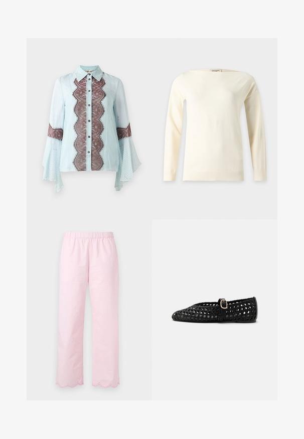 Jersey de punto de manga larga color blanco roto con escote barco y bordes acanalados, mostrado sobre un fondo claro y liso.; Blusa azul clara con acentos de encaje marrón y patrón a rayas. Cuenta con un cuello puntiagudo, cierre de botones y mangas acampanadas.; Pantalones con cintura elástica rosa claro, piernas anchas y bajos ondulados bordados con pequeños ojales.; Zapato plano negro tejido con punta redondeada y una pequeña correa con hebilla dorada en la parte superior, mostrado de lado sobre un fondo blanco.