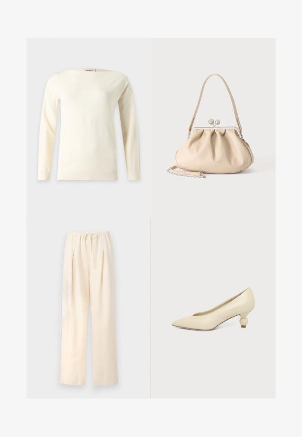Jersey de punto de manga larga color blanco roto con escote barco y bordes acanalados, mostrado sobre un fondo claro y liso.; Pantalones plisados beige con cinturilla elástica y cordón ajustable. Tejido ligero y diseño de pierna ancha y recta.; Zapato de mujer color crema con punta afilada y tacón bajo, con tacón redondo en forma de bola, sobre un fondo liso.; Bolso de mano de cuero suave beige con cierre de marco metálico plateado, una correa para el hombro y una correa de cadena opcional sobre un fondo blanco.