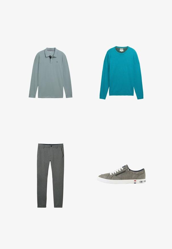 Teal lange mouwen sweatshirt met een ribbelkraag en manchetten. Gladde textuur met een subtiele logo op de borst. Minimalistisch ontwerp.; Lange mouwen polo shirt in lichtblauw met een contrasterende marinekleurige kraag. Katoenen materiaal, met een klein logo op de linkerborst. Klassieke pasvorm.; Grijze broek van textuurstof, met een slim fit, zijzakken, riemlussen en een enkele knoopsluiting bij de taille.; Grijze lage sneaker met witte veters, zijrits en witte zool met rood-wit-blauwe strepen en Tom Tailor branding.