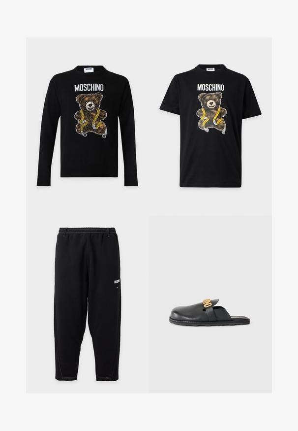 Schwarzer Pullover mit langen Ärmeln mit einem in ein gelbes Maßband gewickelten Teddybär und dem Wort Moschino über dem Bären.; Schwarzes Moschino T-Shirt mit einer Grafik eines Teddybären, der in ein gelbes Maßband eingewickelt ist, und dem Markennamen darüber gedruckt.; Schwarze, schmal zulaufende Jogginghose mit elastischem Bund, weißer Kontrastnaht und kleinem weißen "Moschino"-Logo am oberen Oberschenkel.; Schwarze Leder-Mules zum Hineinschlüpfen mit einem goldfarbenen, dekorativen Riemen und einer niedrigen, strukturierten Gummisohle auf einem einfarbigen Hintergrund.