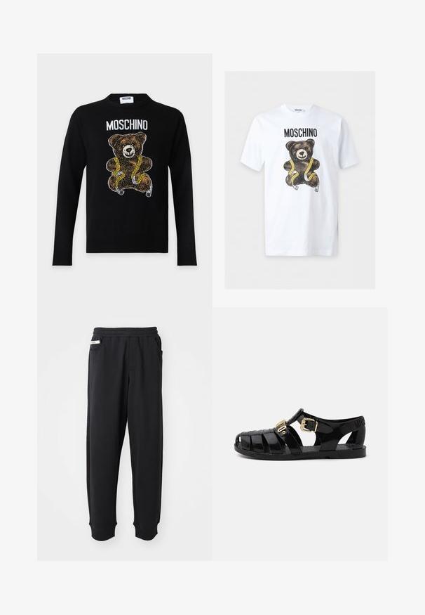 Pull noir à manches longues avec un ours en peluche enveloppé dans un ruban à mesurer jaune et le mot Moschino au-dessus de l'ours.; T-shirt blanc à manches courtes avec le texte "MOSCHINO" au-dessus d'un ours en peluche marron enroulé dans un ruban à mesurer jaune.; Pantalons de survêtement noirs en tissu doux, avec une taille élastique, des poches latérales et des poignets côtelés aux chevilles. Design minimaliste.; Sandales en caoutchouc noir avec design découpé, dotées d'une fermeture à boucle dorée et d'une semelle intérieure texturée. Logo frappé sur le talon.