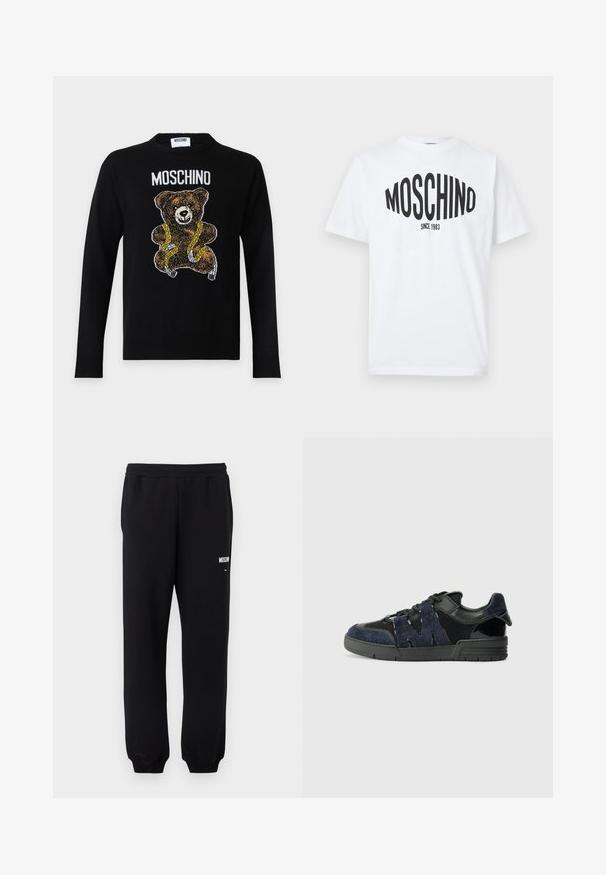 Schwarzer Pullover mit langen Ärmeln mit einem in ein gelbes Maßband gewickelten Teddybär und dem Wort Moschino über dem Bären.; Weißes Baumwoll-T-Shirt mit einem schwarzen Aufdruck, auf dem "MOSCHINO" in fetten Buchstaben steht, darunter "SINCE 1983", Rundhalsausschnitt.; Schwarze Jogginghose mit elastischem Bund und Bündchen, mit kleinem weißem "Moschino"-Logo auf dem oberen linken Oberschenkel.; Schwarze und marineblaue Sneakers aus Wildleder und Mesh-Materialien, mit einer dicken Sohle und einem markanten Ausschnitt in Form eines "M"-Details an der Seite.