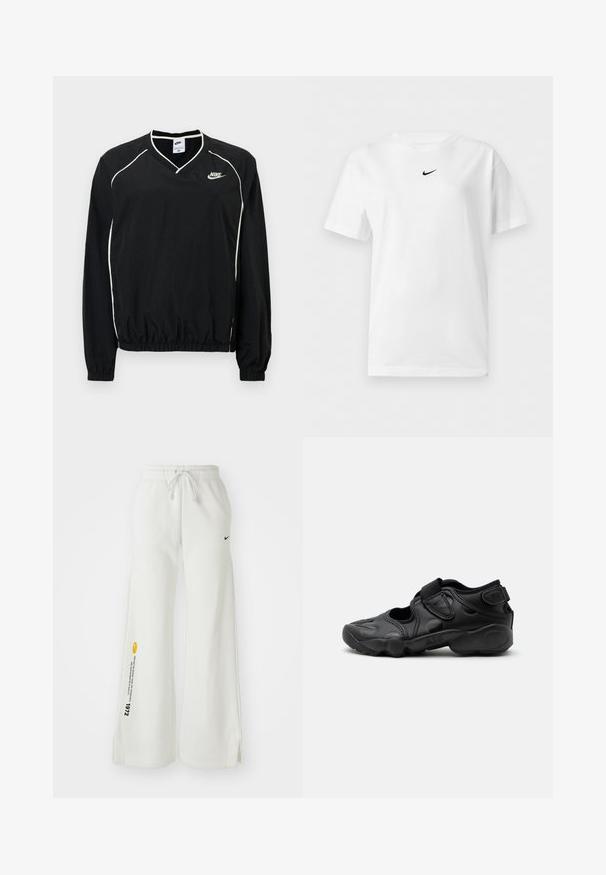 Sort Nike pullover med V-hals, lange ærmer, elastisk kant, hvide kantdetaljer og logo på brystet. Letvægtsmateriale.; Hvid t-shirt med korte ærmer og rund halsudskæring med et lille sort Nike Swoosh-logo centreret nær kraven.; Hvide, brede sweatsbukser med elastisk talje, snøre, sidespalter, sort Nike-logo og kontrasterende gul grafisk tekst.; Sort atletisk sandal med lukket tå, velcro stropper ved mellemfoden og hælen samt tyk polstret sål markeret med "AIR" på siden.