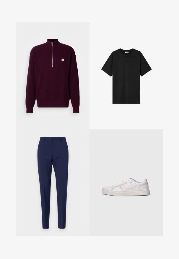 Suéter de punto púrpura con cuello alto y cremallera hasta un cuarto, con un pequeño parche de logo en el pecho izquierdo y puños acanalados.; Camiseta de algodón negra con cuello redondo, mangas cortas y corte relajado; textura suave sin patrones o acentos visibles.; Pantalones azul marino a medida con un ajuste slim, que presentan una textura suave, frente plano y piernas con plisados. Sin bolsillos visibles ni adornos.; Zapatilla deportiva blanca de perfil bajo con cordones, detalles cosidos y la marca "BOSS" en el lateral y la suela, vista desde el lado exterior.