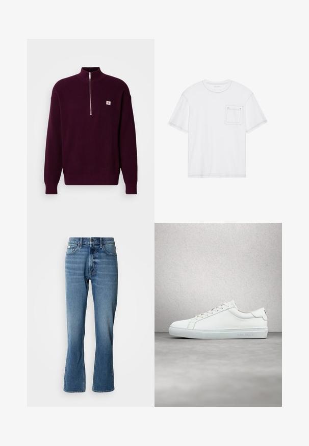 Lilla strikket sweater med høj krave og kvart lynlås, med et lille logo på venstre bryst og ribstrikkede manchetter.; Hvid bomulds T-shirt med korte ærmer, rund hals og brystlomme. Har kontrasterende syninger langs kanterne.; Lyseblå denim jeans med lige pasform og let flare. Har fem lommer, knaplukning og subtile slidte detaljer.; Hvide lædersneakers med en glat finish, rund tå, flade snørebånd og et minimalistisk design. Lys grå gummisål med branding på siden.