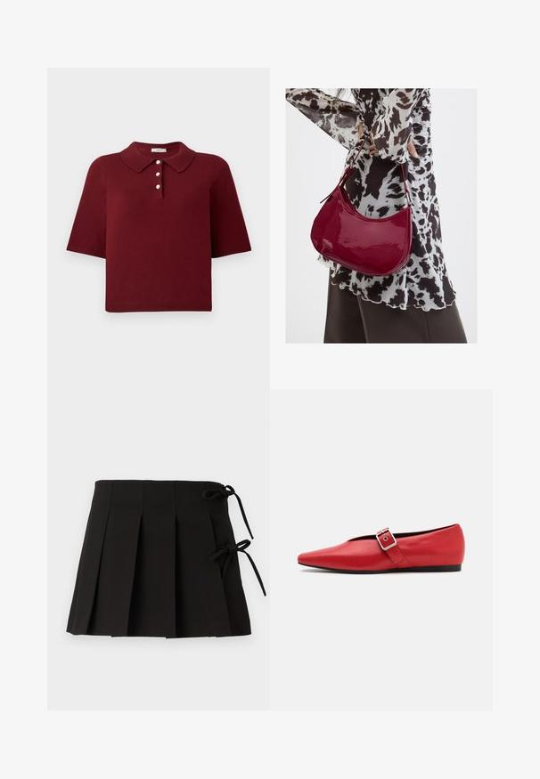 Polo en maille bourgogne avec manches courtes, col classique et patte de boutonnage à quatre boutons ronds blancs.; Jupe plissée noire avec des liens sur les côtés, fabriquée dans un tissu à la texture lisse ; elle présente un design structuré et des lignes épurées.; Ballerine en cuir rouge avec une pointe pointue, comportant une lanière sur le côté avec une boucle en métal et un petit talon noir. Texture lisse sur l'ensemble.; Femme portant un chemisier à motif noir et blanc tenant un sac à main rouge brillant sur un fond uni.