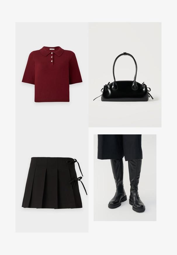 Burgunderrød strikket polo-shirt med korte ærmer, en klassisk krave og fire knaplukninger med runde hvide knapper.; Sort plisseret nederdel med sidesnore, lavet af stof med en glat tekstur; har et struktureret design og rene linjer.; Sorte læder knæhøje støvler med en glat tekstur, kraftige såler og side-lynlåse. Designet har diskrete sømdetaljer.; Lille sort blank håndtaske med to lange håndtag og snøre-detaljer i siden på en ensfarvet lys baggrund.