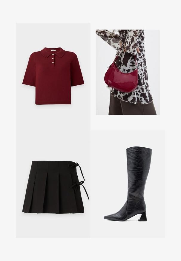 Polo en maille bourgogne avec manches courtes, col classique et patte de boutonnage à quatre boutons ronds blancs.; Jupe plissée noire avec des liens sur les côtés, fabriquée dans un tissu à la texture lisse ; elle présente un design structuré et des lignes épurées.; Bottes noires montantes jusqu'au genou avec un bout pointu, en cuir synthétique texturé effet crocodile ; elles présentent un talon épais et une finition lisse.; Femme portant un chemisier à motif noir et blanc tenant un sac à main rouge brillant sur un fond uni.