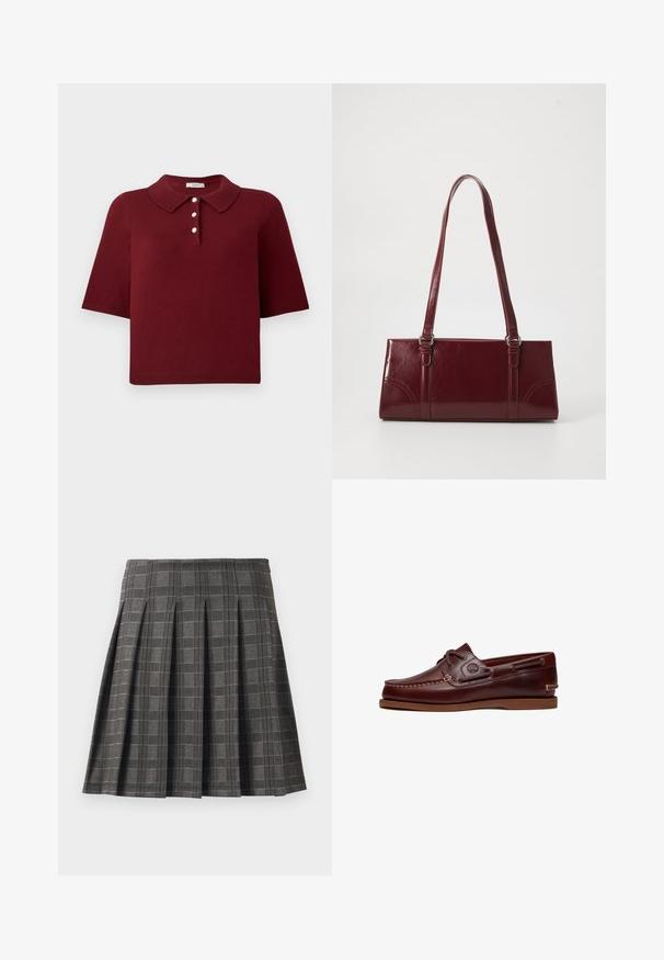 Burgunderrød strikket polo-shirt med korte ærmer, en klassisk krave og fire knaplukninger med runde hvide knapper.; Plisseret nederdel i et gråt ternet mønster, lavet af et tekstureret stof. Har lodrette pliser og en lige kant.; Brun læder bådsko med snørre, syningsdetaljer og Timberland-logo på siden, vist på en hvid baggrund.; Bordeaux håndtaske lavet af glansfuldt materiale, rektangulær form, med to skulderremme og subtile buede detaljer på forsiden.