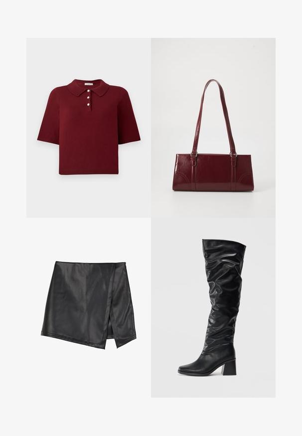 Bordové pletené polokošele s krátkymi rukávmi, klasickým golierom a štyrmi gombíkmi na zapínanie s okrúhlymi bielymi gombíkmi.; Even&Odd by Zalando Minisukňa - black; Čierne čižmy po kolená vyrobené z lesklej kože s voľným dizajnom, špičatou špičkou a masívnym blokovým podpätkom. Hladká textúra s jemným leskom.; Bordová kabelka vyrobená z lesklého materiálu, obdĺžnikový tvar, s dvoma ramennými popruhmi a jemnými zakrivenými akcentmi na prednej strane.
