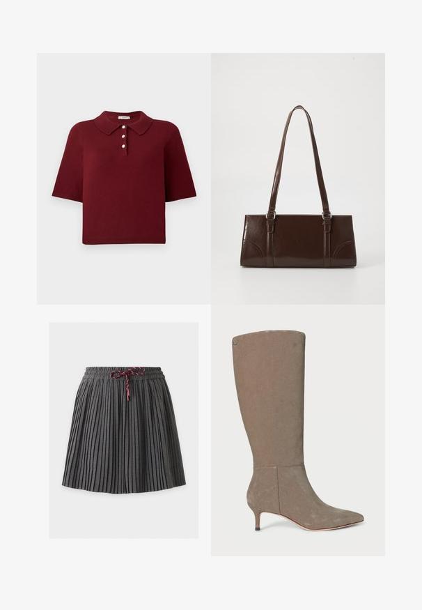 Bordeaux gebreide polo met korte mouwen, een klassieke kraag en een vierknops stolp met ronde witte knopen.; Donkergrijze geplooide rok met een elastische tailleband en een gebonden bordeaux koord aan de voorkant in het midden.; Grijze suède laarzen tot de knie met een spitse neus en een lage hak, voorzien van een strakke uitstraling en subtiele verticale naaddetails.; Bruine lakleren handtas met een rechthoekige vorm, twee lange handvatten en subtiele gebogen accenten aan de voorkant.