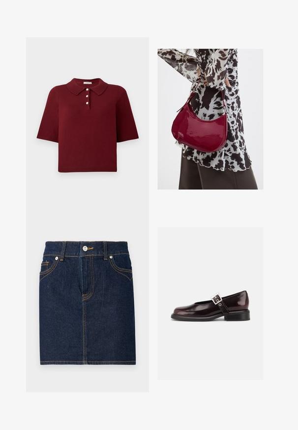 Burgundia nööridega polo särk lühikeste varrukatega, klassikalise kaelusega ja nelja nupuga, millel on ümmargused valged nupud.; Tume sinine denim seelik nähtavate õmblustega, viie tasku disainiga ja esise nupu sulgemisega. Sirge lõige puhta servaga.; Üksik läikiv tume burgundi Mary Jane jalanõu lai rihma ja hõbedase punniga, madala kand ja ümar ninaga valgel taustal.; Naine, kes kannab must-valget mustriga pluusi ja hoiab läikivat punast õlakotti ühevärvilise tausta ees.