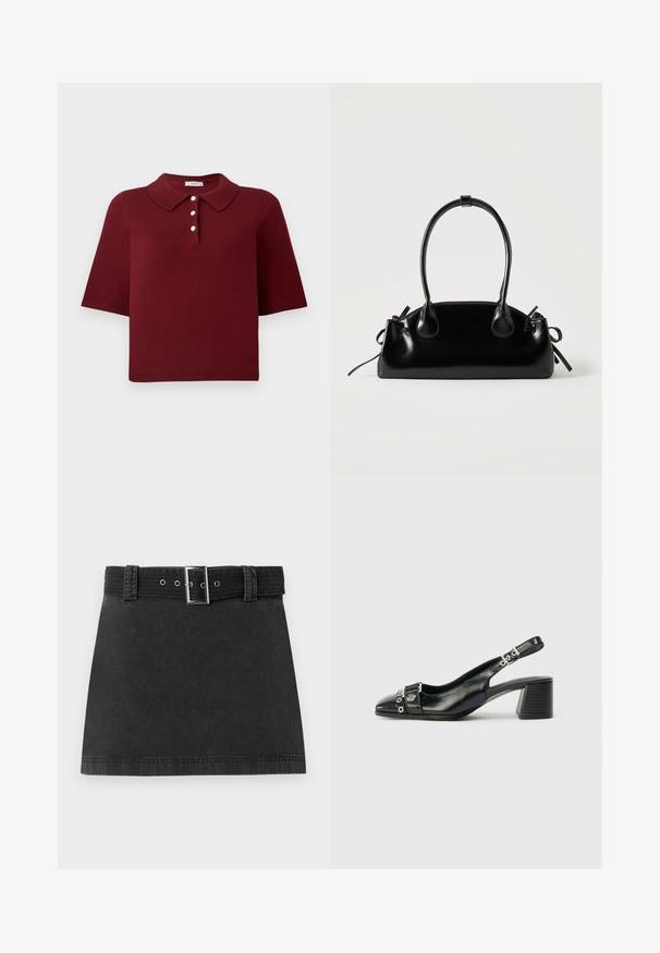 Burgunderrød strikket polo-shirt med korte ærmer, en klassisk krave og fire knaplukninger med runde hvide knapper.; Sort denim miniskirt med et matchende bælte, der har metalspænde og bæltestropper, præsenteret fladt på en hvid baggrund.; Sorte læder slingback hæl med spids tå, tekstureret rem med cirkulære metalliske accenter, og en stablet blokhæl.; Lille sort blank håndtaske med to lange håndtag og snøre-detaljer i siden på en ensfarvet lys baggrund.