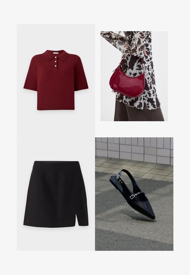 Polo en maille bourgogne avec manches courtes, col classique et patte de boutonnage à quatre boutons ronds blancs.; Mini-jupe noire en tissu lisse, dotée d'une taille ajustée et d'une fente à l'avant qui apporte une touche moderne à son design simple.; Mocassin noir à bout pointu et bride arrière, avec double boucle, posé sur un asphalt gris près d'un mur carrelé en arrière-plan.; Femme portant un chemisier à motif noir et blanc tenant un sac à main rouge brillant sur un fond uni.