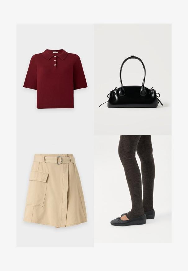 Polo en maille bourgogne avec manches courtes, col classique et patte de boutonnage à quatre boutons ronds blancs.; Jupe en coton beige avec une poche latérale, taille ceinturée avec un anneau argenté, et une légère silhouette en A. Texture lisse et design simple.; Jambes portant des leggings côtelés foncés associés à des ballerines noires avec de petits détails en nœud sur fond blanc.; Petit sac à main noir brillant avec deux longues anses et des détails à cordon sur les côtés sur un fond clair uni.